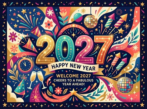 Welcome 2027 Happy New Year Celebration. For New Year greeting cards, seasonal advertising campaigns, party invitations, event posters, social media graphics, digital banners, holiday promotions 
