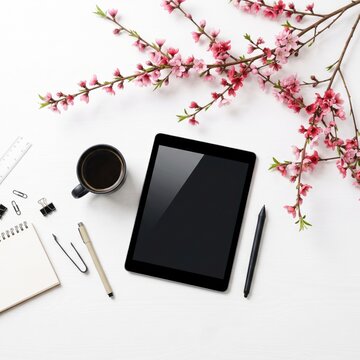 Modern creative workspace flat lay with digital tablet and blooming peach branches