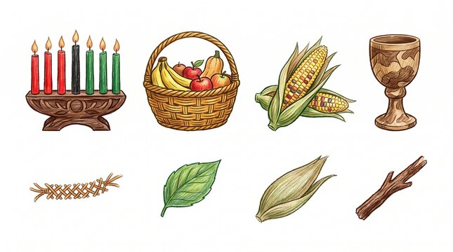 Kwanzaa celebration symbols featuring kinara candles harvest basket