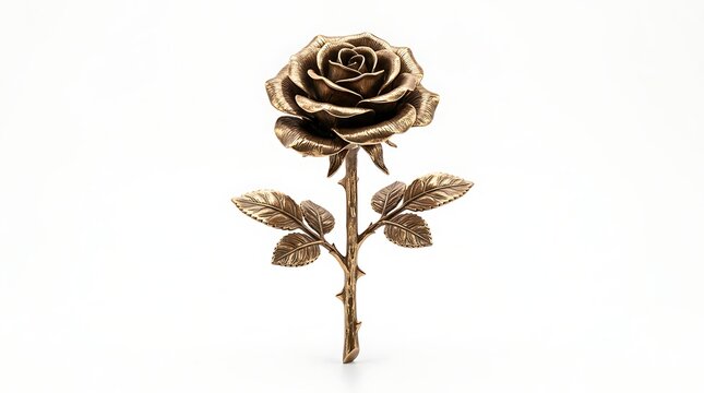 Single bronze rose flower with detailed petals and leaves, metallic sculpture isolated on a plain white background