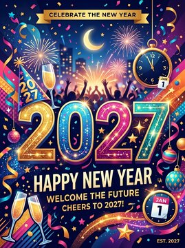 Welcome 2027 Happy New Year Celebration. For New Year greeting cards, seasonal advertising campaigns, party invitations, event posters, social media graphics, digital banners, holiday promotions 
