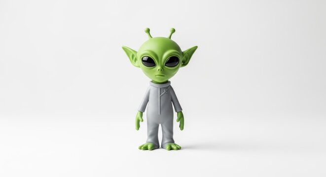 Minimalist green alien figure in grey jumpsuit isolated on white background