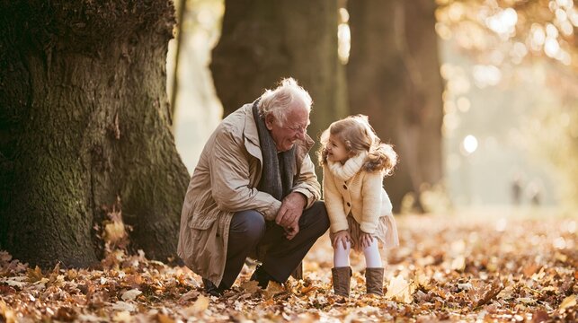 Grandfather and granddaughter sharing a happy moment, connecting and smiling in an autumn park