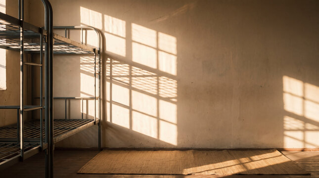 Metal Bunk Beds in Sunlit Empty Dormitory Room