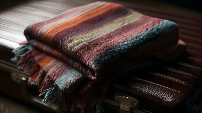 Folded multicolored woven blanket with fringes rests atop a vintage leather suitcase in warm ambient lighting