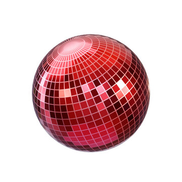 3d red disco ball for party and club design isolated on background. Mirror sphere, shiny globe shape for retro nightlife, celebrations.
