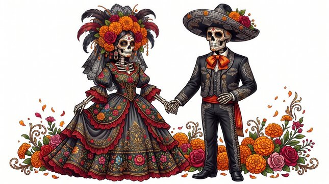 Catrina and charro skeletons holding hands for Day of the Dead celebration
