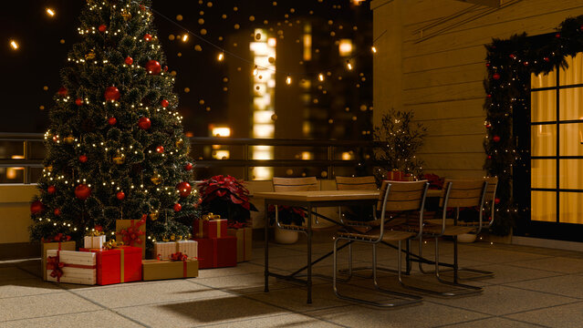 3D Illustration of Christmas Decorated Balcony at Night with Tree, Gifts, String Lights and Outdoor Dining Table