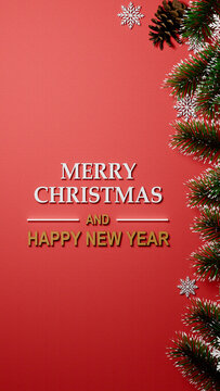 Merry Christmas and Happy New Year 3D greeting card with pine branches, snowflakes, and pinecones on red background