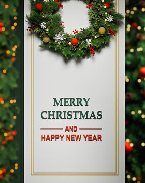 Merry Christmas and Happy New Year 3D Greeting Card with Decorative Wreath and Holiday Ornaments