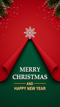 Merry Christmas and Happy New Year 3D Greeting Card with Red Paper Curl, Snowflake, and Pine Branches on Green Background