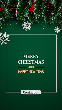 Merry Christmas and Happy New Year 3D Illustration Greeting Card with Pine Branches, Snowflakes, and Red Berries on Green Background