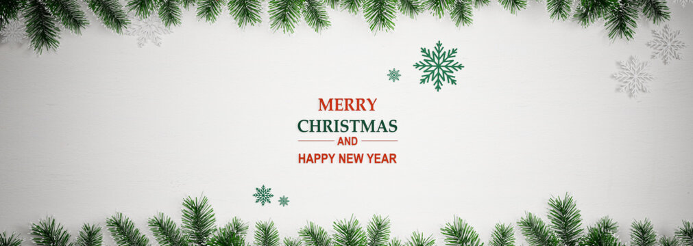 Merry Christmas and Happy New Year 3D illustration greeting card with pine branches and snowflakes on white background