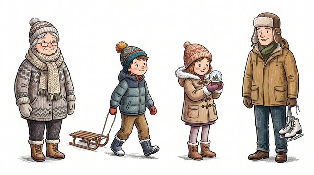 Christmas celebration with family grandmother boy with sled girl with