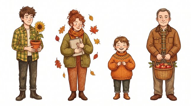 Autumn celebration with family holding sunflower book and apple