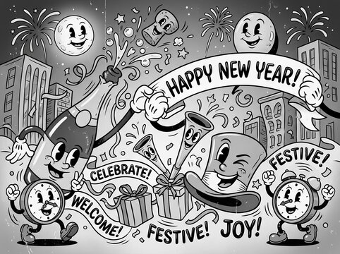Happy New Year Vintage Black and White Cartoon. New Year party invitations, holiday merchandise, scrapbook decorations, educational materials