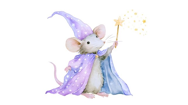 Watercolor mouse wearing purple wizard hat and cape with wand
