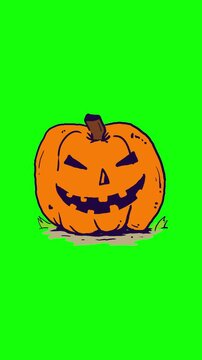 A spooky vector Jack-o'-Lantern pumpkin motion graphic animation isolated on a green screen background. Perfect for Halloween video editing, party teasers, YouTube Shorts, and festive overlays.