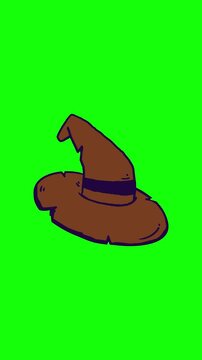A spooky hand-drawn vector witch hat animation on a green screen keyable background. Ideal for Halloween video intros, social media clips, stickers, and creative motion design overlays.