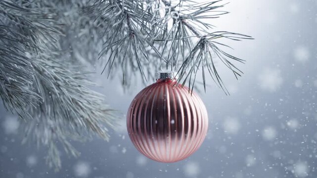 Rose gold ribbed Christmas bauble hanging on frosty pine sprig.