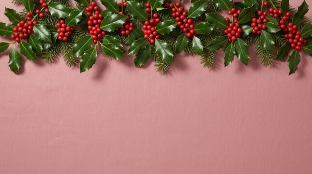 Vibrant holly berries and lush green leaves create a festive garland design, perfect for holiday decor inspiration
