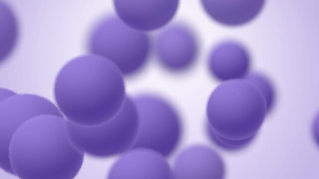 Violet spheres multiply by binary fission, one cell divides again and again until the frame is full, bright lavender cell division science animation