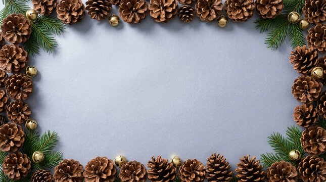 Rustic pinecones and evergreen branches form a warm border, presenting a festive design concept for holiday promotions