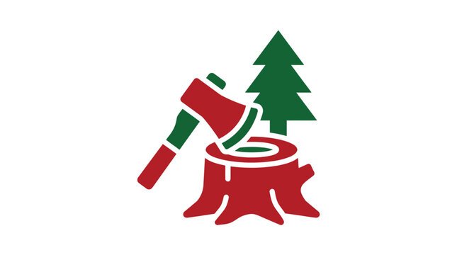 Red wooden axe embedded in a tree stump beside a green pine tree illustration