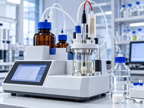 Automated Karl Fischer moisture titrator with glass titration cell and reagent bottles in analytical laboratory
