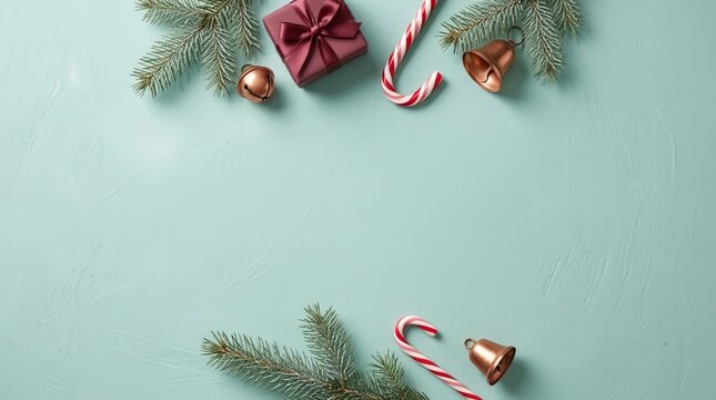 Festive decorations including a gift, bells, and candy canes surround fresh evergreen branches, evoking holiday spirit