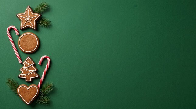 Festive gingerbread cookies, candy canes, and orange slices arranged against a solid green background, perfect for holiday decor