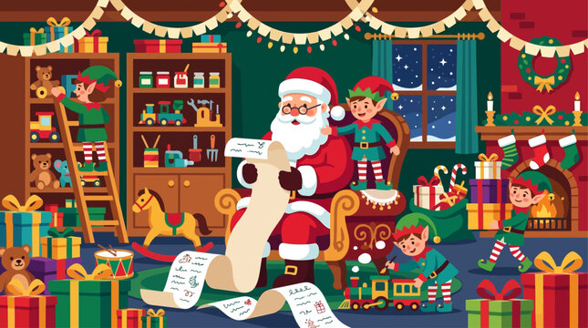 Santa Claus Checking His Long Christmas Gift List Surrounded by Busy Elves in a Cozy Festive Workshop Full of Toys and Holiday Decorations