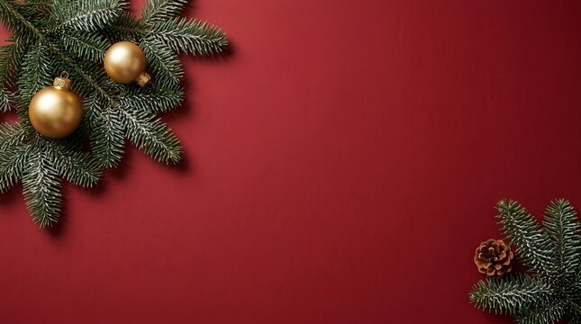 Evergreen branches, golden ornaments, and a festive pinecone rest elegantly on a deep crimson background, perfect holiday concept