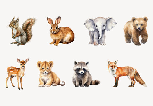 Cute Watercolor Baby Animals Element Design Set