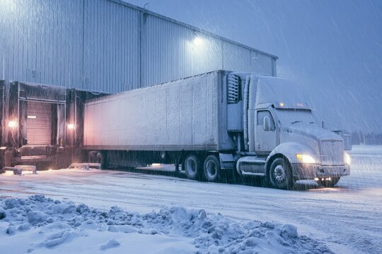 Snowy evening scene with a truck unloading cargo at a warehouse during a winter storm