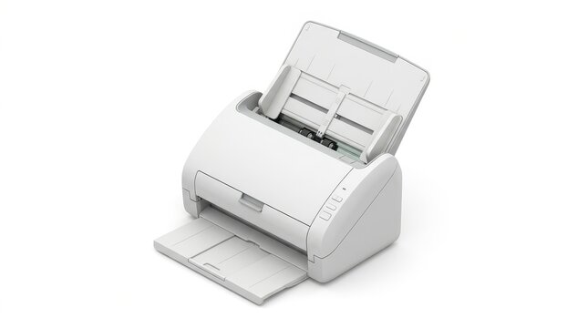 Modern sleek white desktop document scanner with open paper feeder tray and compact plastic housing design, rendered in clean studio lighting with soft shadows isolated on a solid white background for