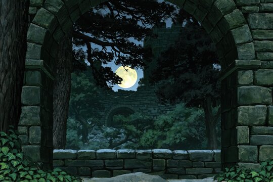 Full moon shines through an ancient stone archway onto a dark forest and castle ruins.