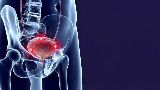 3D medical animation showing inflammation and pain in the human urinary bladder within the male pelvic skeletal structure