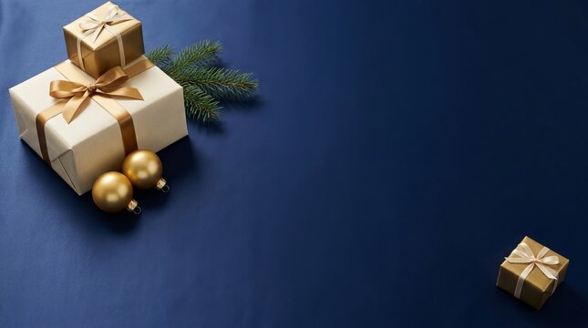 Elegant gift boxes stacked with golden ornaments, pine branches against a deep blue backdrop, perfect holiday concept