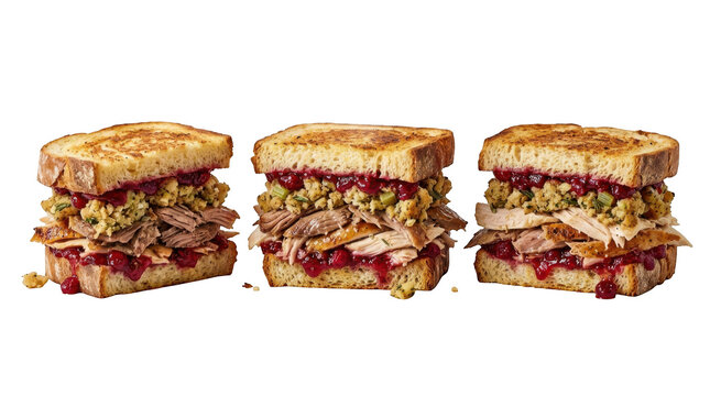 Three thanksgiving leftover turkey sandwiches with cranberry sauce and stuffing isolated on transparent background