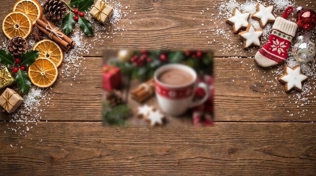 > Festive arrangement of oranges, cinnamon sticks, cookies, gifts, and a warm drink representing holiday cheer and seasonal treats