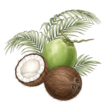 Botanical fruit illustration of a Collection of Tropical Spices and Seasonings in Indonesia featuring coconuts and palm leaves