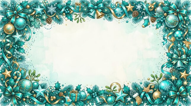 Festive teal Christmas garland with ornaments and bows, detailed decoration for holiday cards and seasonal design concepts