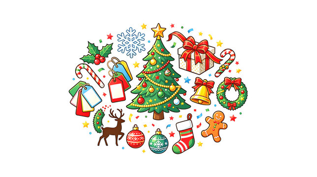 Holiday sales with Christmas symbols illustration featuring classic decorations like tree, gifts, bells, candy, and ornaments portraying a cheerful holiday shopping atmosphere.