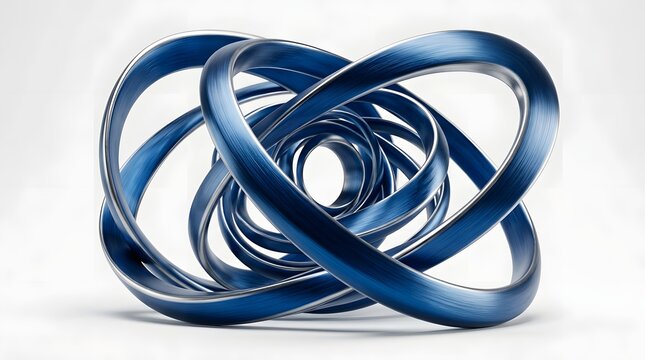 Abstract 3d render of a complex blue metallic ring structure isolated on white background