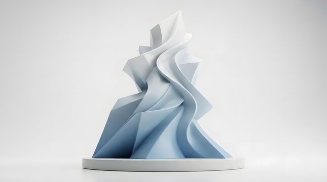 Abstract geometric sculpture with flowing white and blue planes isolated on white background