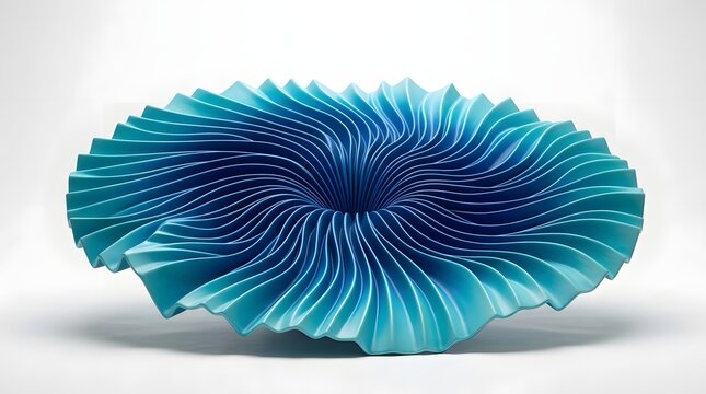 Vibrant blue circular sculpture with radiating wave patterns isolated on white background