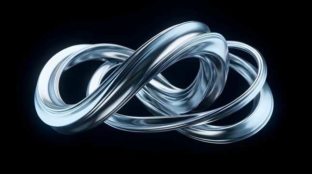 Abstract 3d silver metallic infinity loop shape on black background