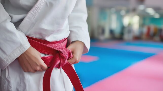 Karate practitioner ties a red belt in dojo.