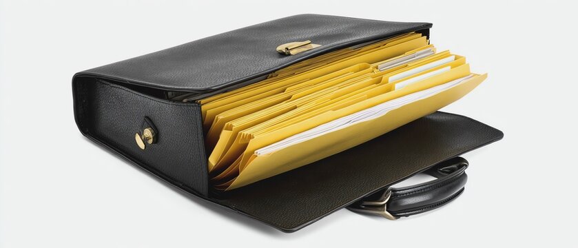 A black briefcase filled with organized folders.